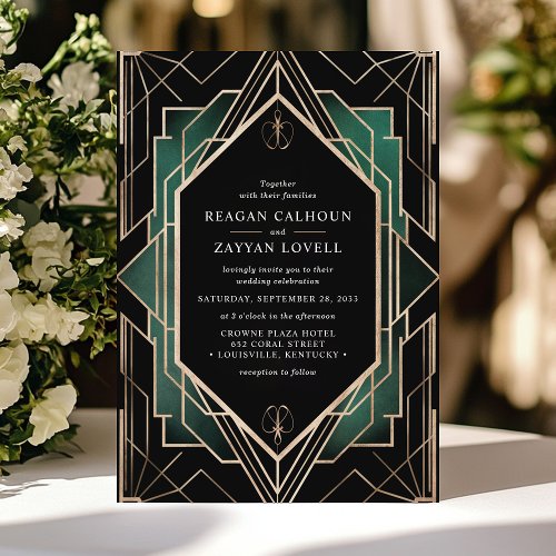 Elegant Black and Gold Art Deco Emerald Wedding Invitation