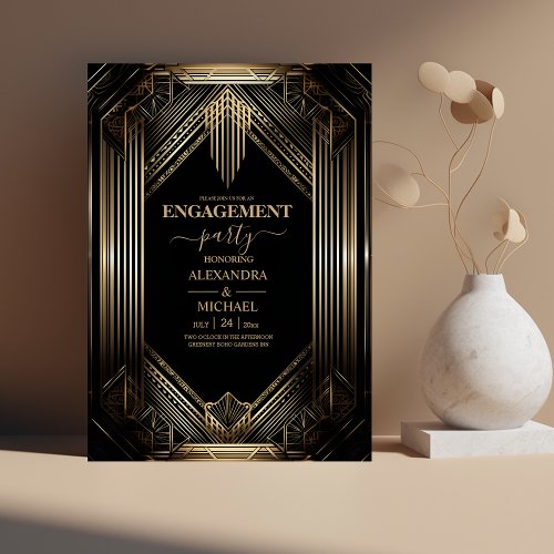 Elegant Black and Gold Art Deco Engagement Party Invitation