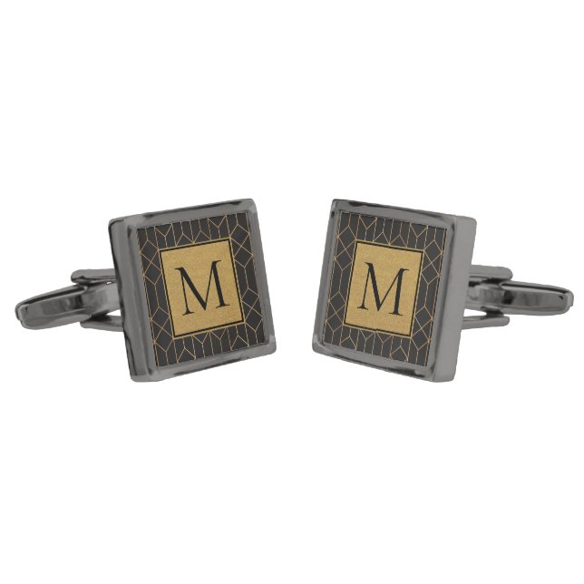 Elegant Black and gold Art Deco Geometric Monogram Cufflinks (Angled)