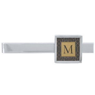Elegant Black and gold Art Deco Geometric Monogram Silver Finish Tie Bar