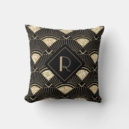 Elegant Black and Gold Art Deco Monogram Throw Pillow