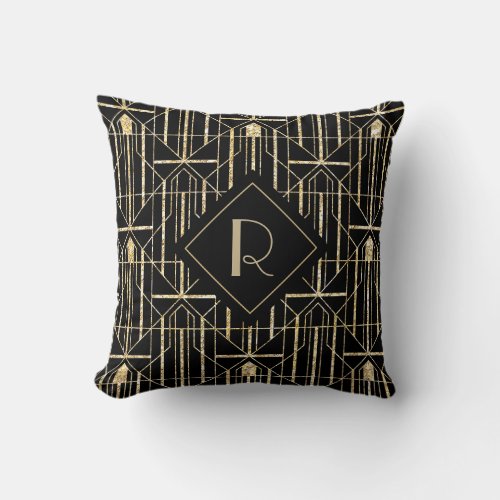 Elegant Black and Gold Art Deco Monogram Throw Pillow