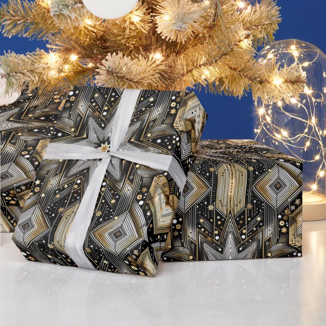 Elegant Black and Gold Art Deco Star Pattern  Wrapping Paper (Holidays)