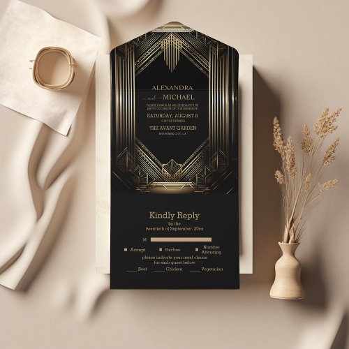 Elegant Black and Gold Art Deco  Wedding All In One Invitation