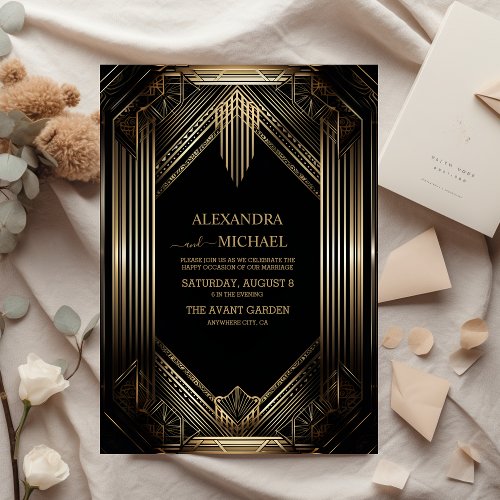 Elegant Black and Gold Art Deco  Wedding Foil Invitation