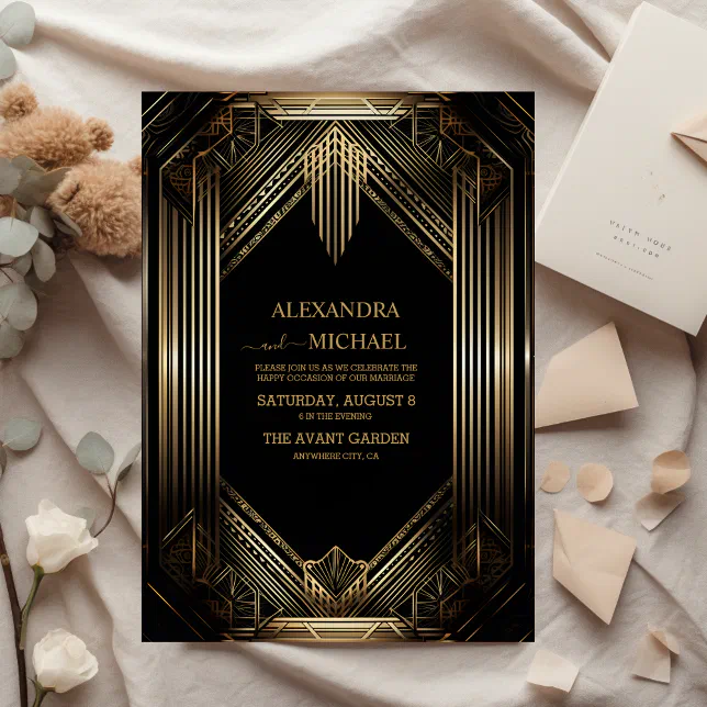 Elegant Black and Gold Art Deco Wedding Foil Invitation | Zazzle