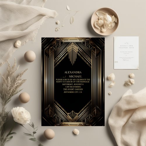 Elegant Black and Gold Art Deco  Wedding Invitation
