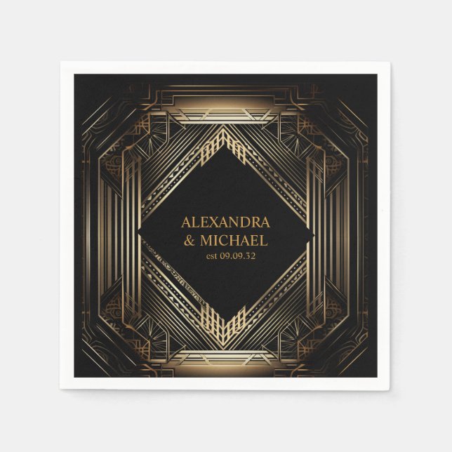 Elegant Black and Gold Art Deco  Wedding Napkins (Front)