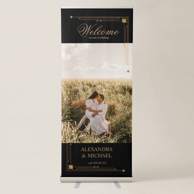 Elegant Black and Gold Art Deco  Wedding Retractable Banner (Front)