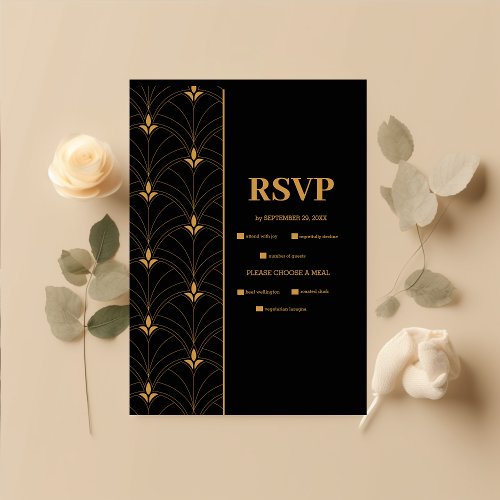 Elegant Black and Gold Art Deco  Wedding RSVP Card