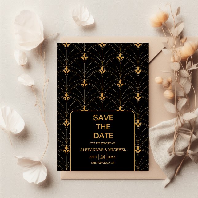 Elegant Black and Gold Art Deco  Wedding Save The Date (Creator Uploaded)