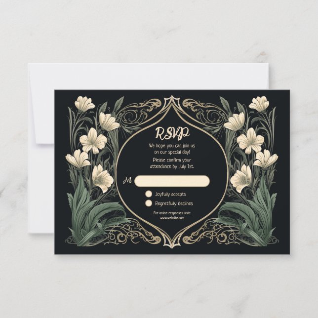 Elegant Black and Gold Art Nouveau Floral RSVP Card (Front)