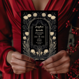 Elegant Black and Gold Art Nouveau Floral Wedding  Invitation