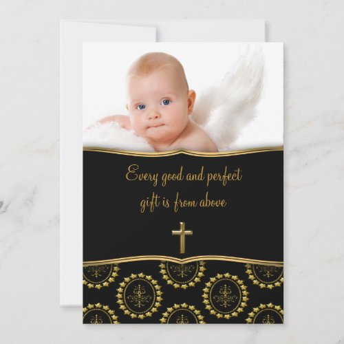 Elegant Black and Gold Baby Photo Christening Invitation