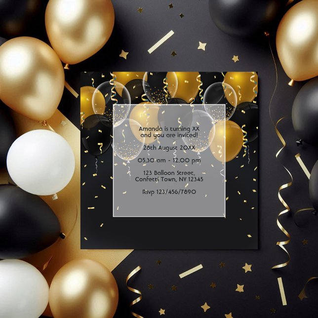 Elegant Black and Gold Balloon Birthday Invitation (Elegant Black and Gold Balloon Birthday Invitation)
