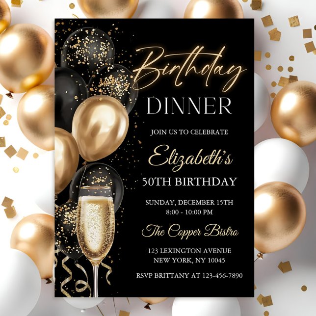 Elegant Black and Gold Balloons Birthday Dinner Invitation (Creator Uploaded)