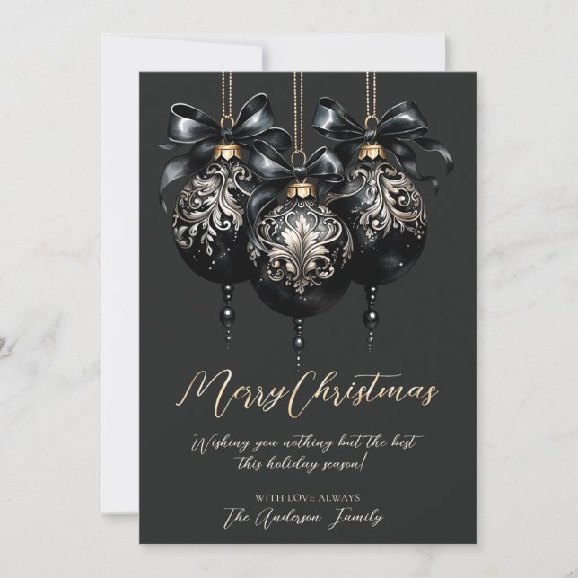 Elegant black and gold baubles luxury Christmas Holiday Card (Front)