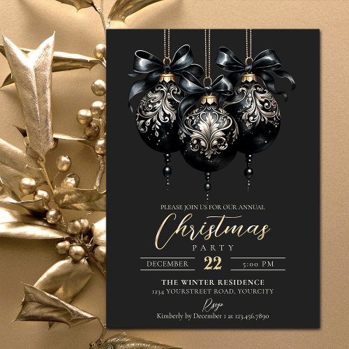 Elegant black and gold baubles luxury Christmas Invitation