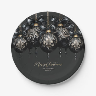 Elegant black and gold baubles luxury Christmas Paper Plates