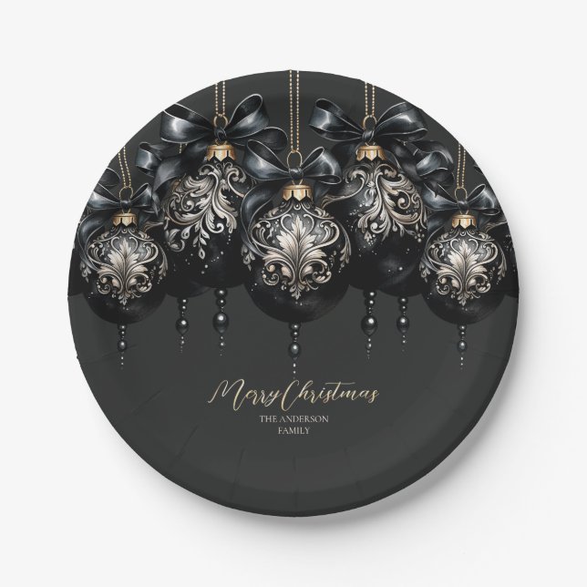 Elegant black and gold baubles luxury Christmas Paper Plates (Front)