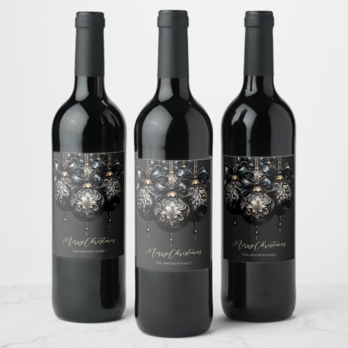 Elegant black and gold baubles luxury Christmas Wine Label