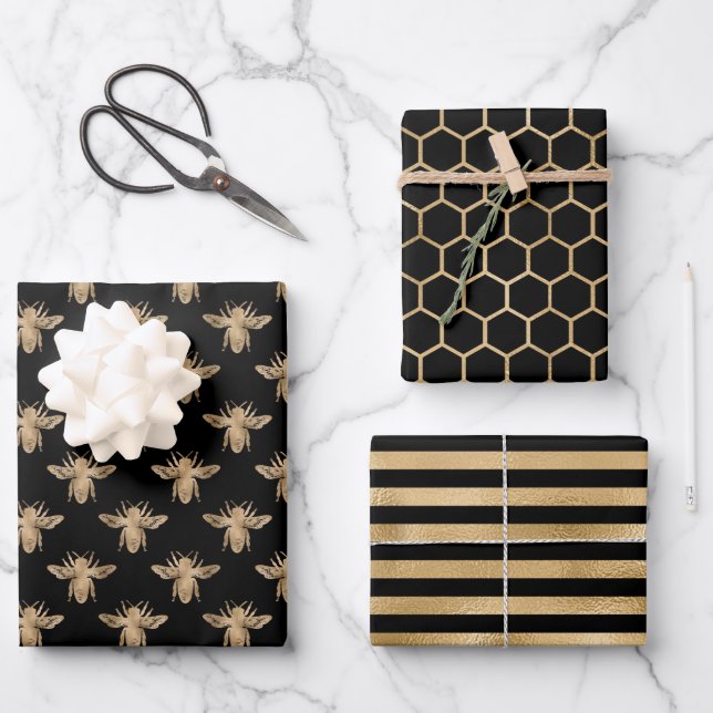 Elegant black and gold bee themed  wrapping paper sheets (Front)