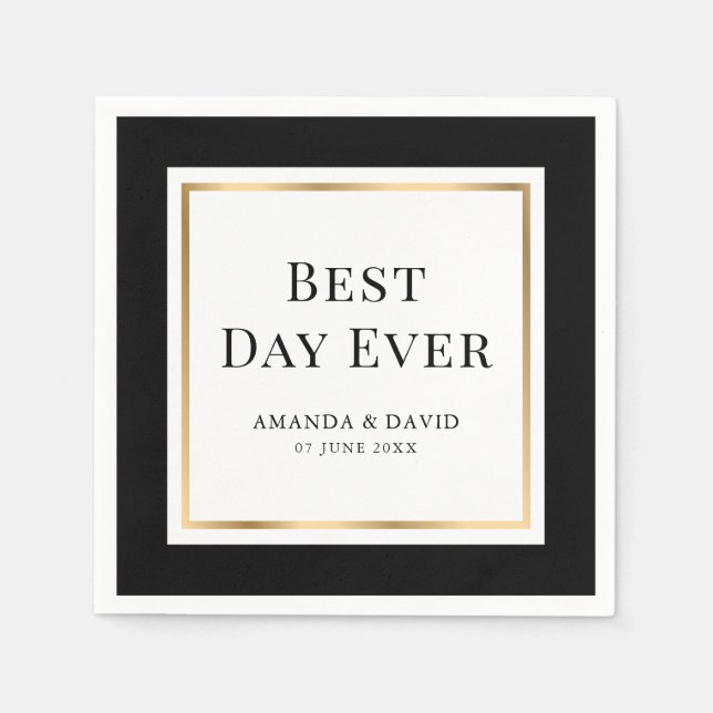 Elegant Black and Gold Best Day Ever Wedding Napkins (Front)