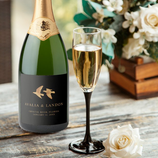 Elegant Black and Gold Birds of a Feather Wedding Sparkling Wine Label (Creator Uploaded)