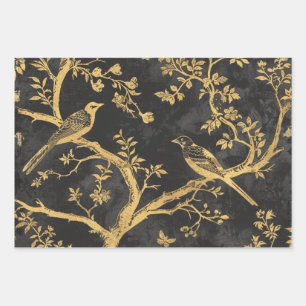 Elegant Black and Gold Birds Wrapping Paper Sheets