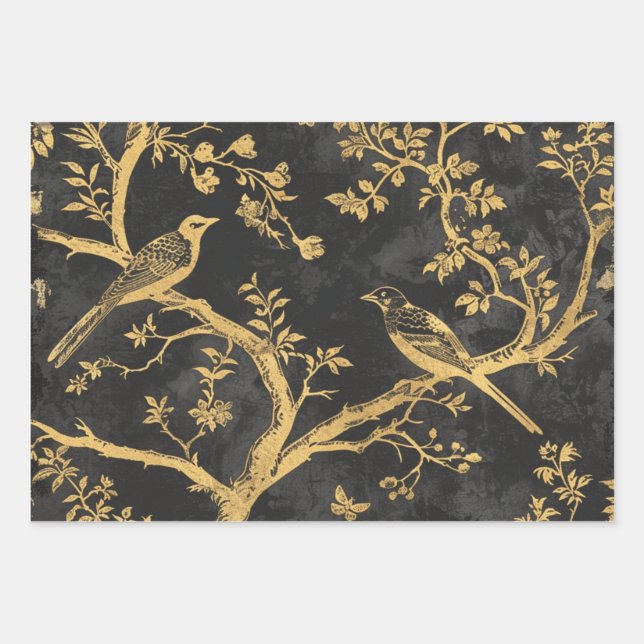 Elegant Black and Gold Birds Wrapping Paper Sheets (Front)