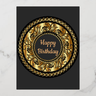 Elegant Black and Gold Birthday Foil Holiday Postcard