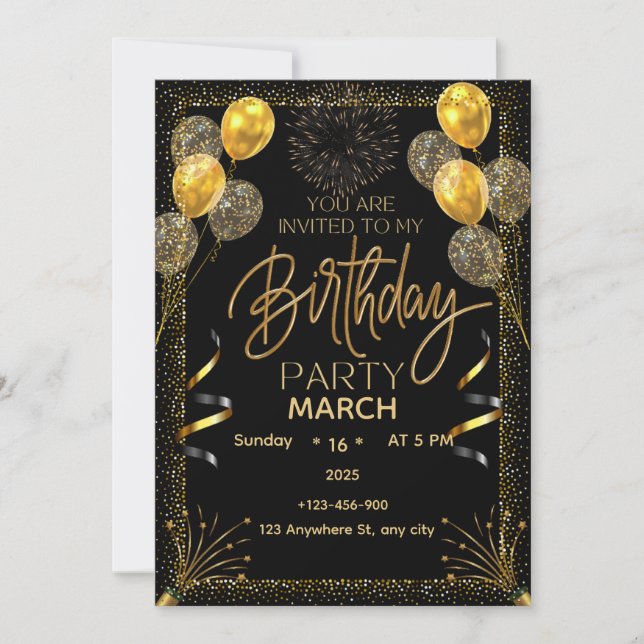 Elegant Black and Gold Birthday Invitation  (Front)