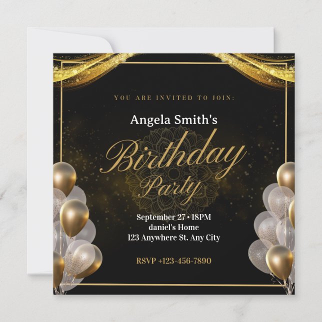 Elegant black and gold birthday invitation (Front)