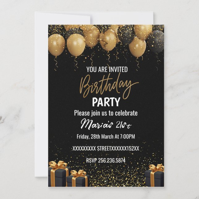 Elegant Black And Gold Birthday Invitation (Front)
