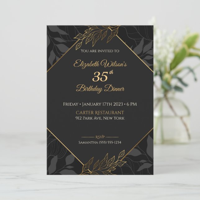 Elegant Black and Gold Birthday Invitation Card (Standing Front)