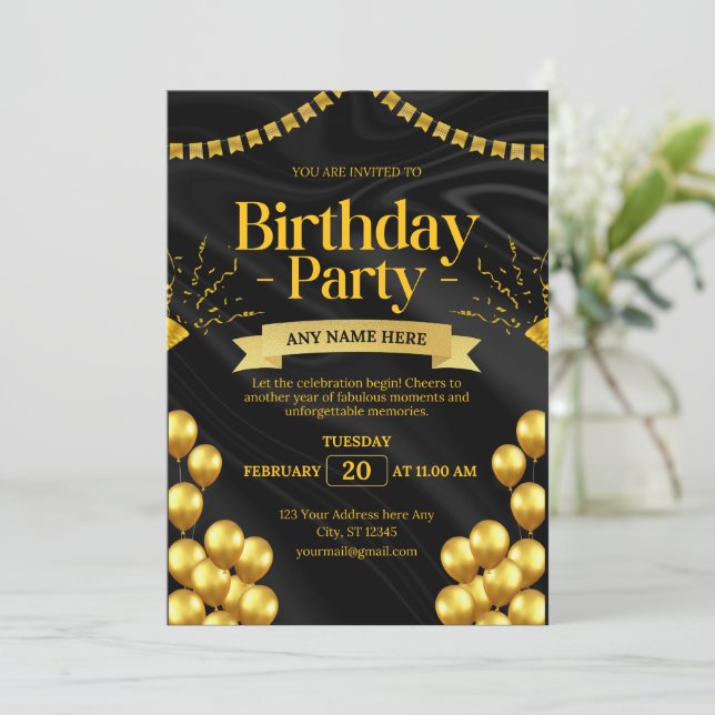 Elegant Black and Gold Birthday Invitation | Print (Standing Front)