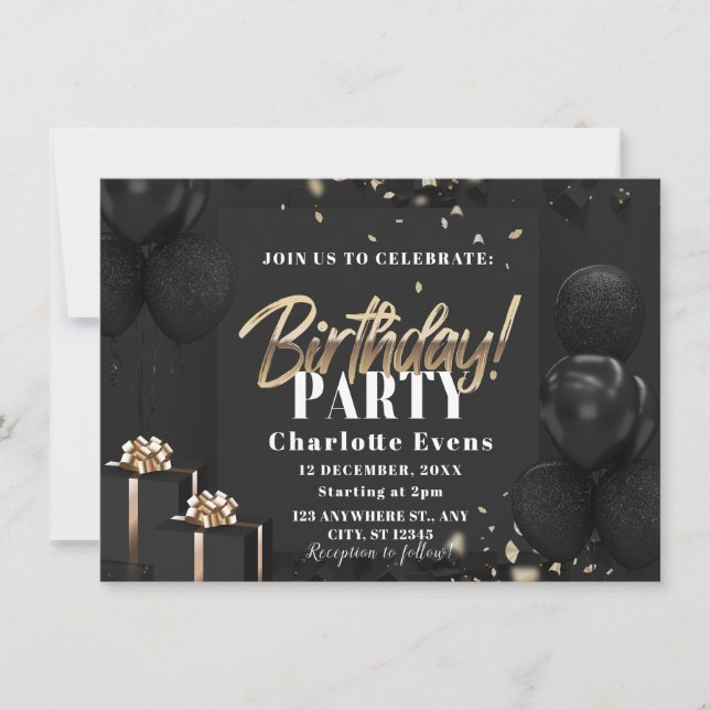 Elegant Black and Gold Birthday Party Invitation (Front)