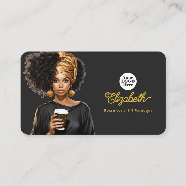 Elegant Black and Gold Black Woman Boss Branding Business Card (Front)