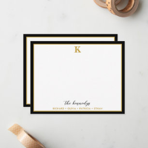 Elegant Black And Gold Border Family Name Monogram Note Card