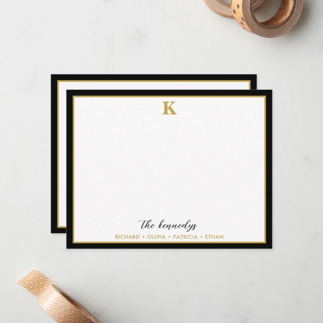 Elegant Black And Gold Border Family Name Monogram Note Card (Front/Back In Situ)