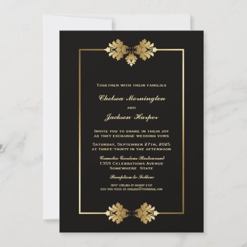 Elegant Black and Gold Border Wedding Invitation