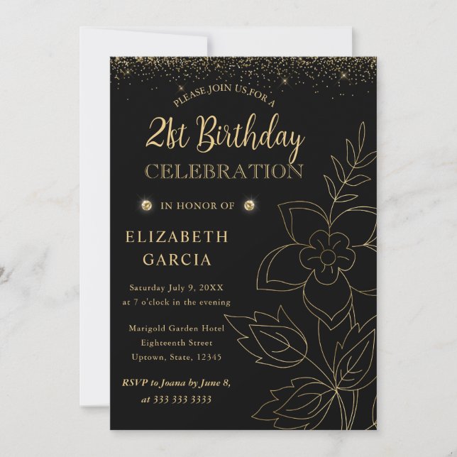 Elegant Black and Gold Botanical 21st Birthday Invitation (Front)
