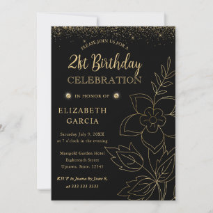 Elegant Black and Gold Botanical 21st Birthday Invitation