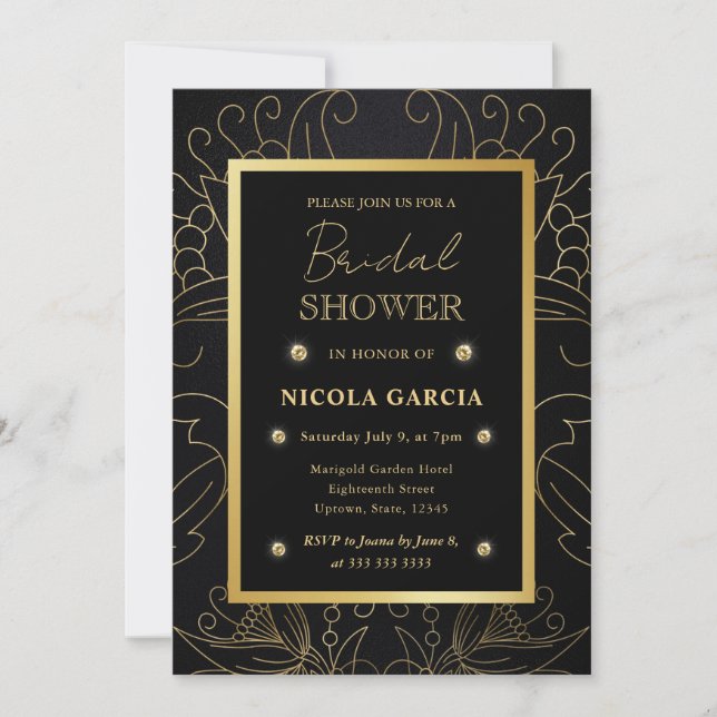 Elegant Black and Gold Botanical Bridal Shower Invitation (Front)