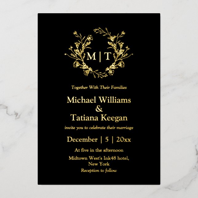 elegant black and gold botanical monogram wedding foil invitation (Front)