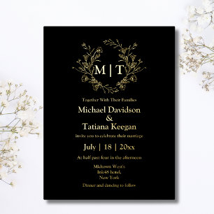 elegant black and gold botanical monogram wedding  foil invitation postcard
