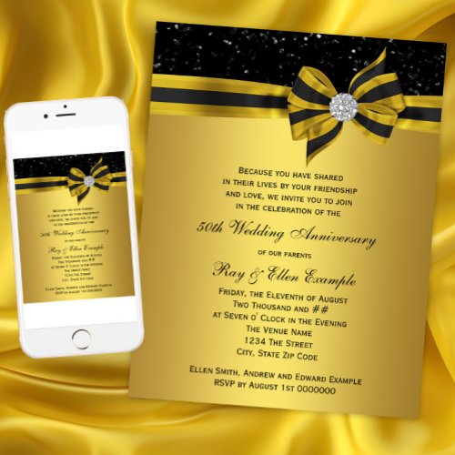 Elegant Black and Gold Bow 50th Anniversary Party Invitation