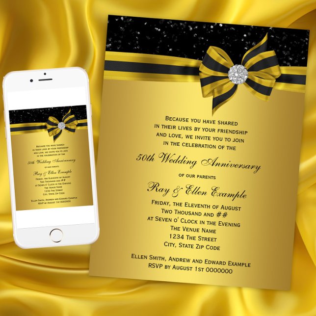 Elegant Black and Gold Bow 50th Anniversary Party Invitation (Elegant Black and Gold Bow 50th Anniversary Party Invitation. Instant download and printed.)