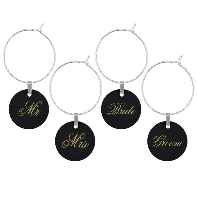 Elegant Black and Gold Bride Greeom Mr. Mrs. Wine Glass Charm (Staggered)