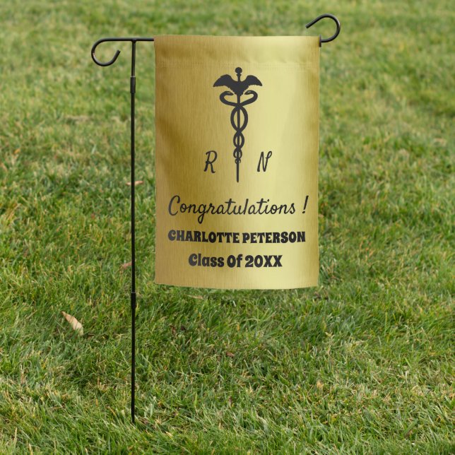 Elegant  Black and Gold Caduceus Nurse Graduation  Garden Flag (In SItu)